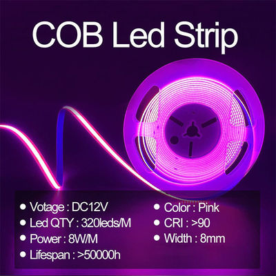 高明るさ COB LED ストライプライト CE RoHs IP20 Ra90 8mm 幅 12V 24V 320Leds ピンク