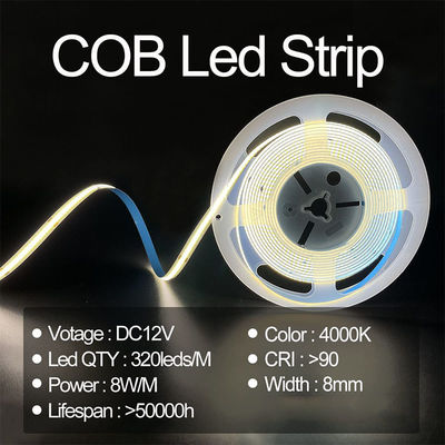 高ルメンCOB LEDストライプライト CE RoHs IP20 8mm 幅 12V 24V 4000K 自然照明ストライプ