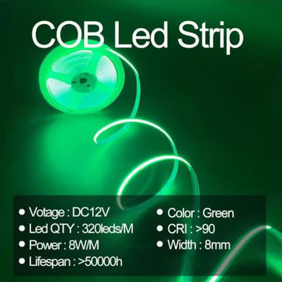 防水緑色柔軟ストライプライト 高密度 COB LED CE RoHs IP20 Ra90 8mm 幅 12V24V 320Leds