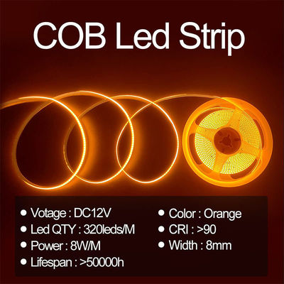 IP20 12V 24V 柔軟なCOB LEDストライプライト 8mm 320Leds オレンジ防水ストライプライト 3